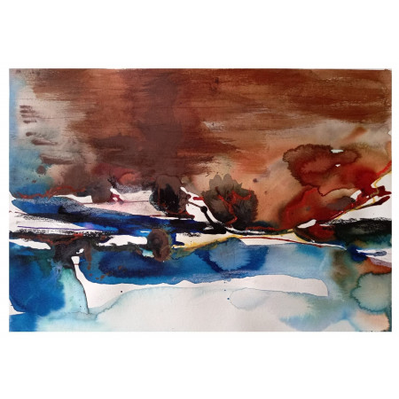 Зимний пейзаж, cовременная абстрактная мини-картина в сине-красных тонах